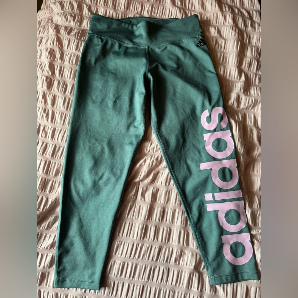 adidas Green Leggings with Pink Side Logo